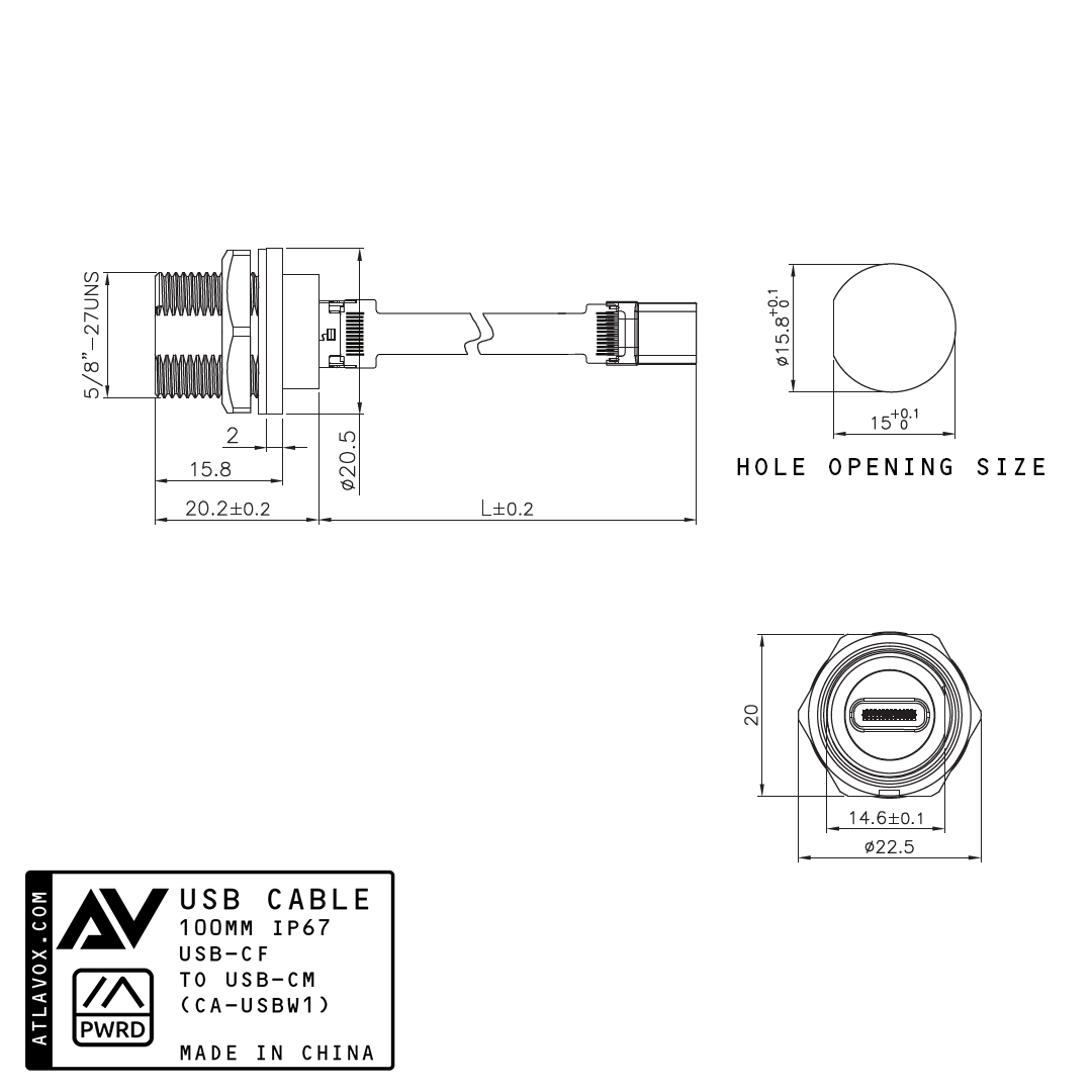 USB-C Waterproof Bulkhead Extension Ribbon Cable, 100mm