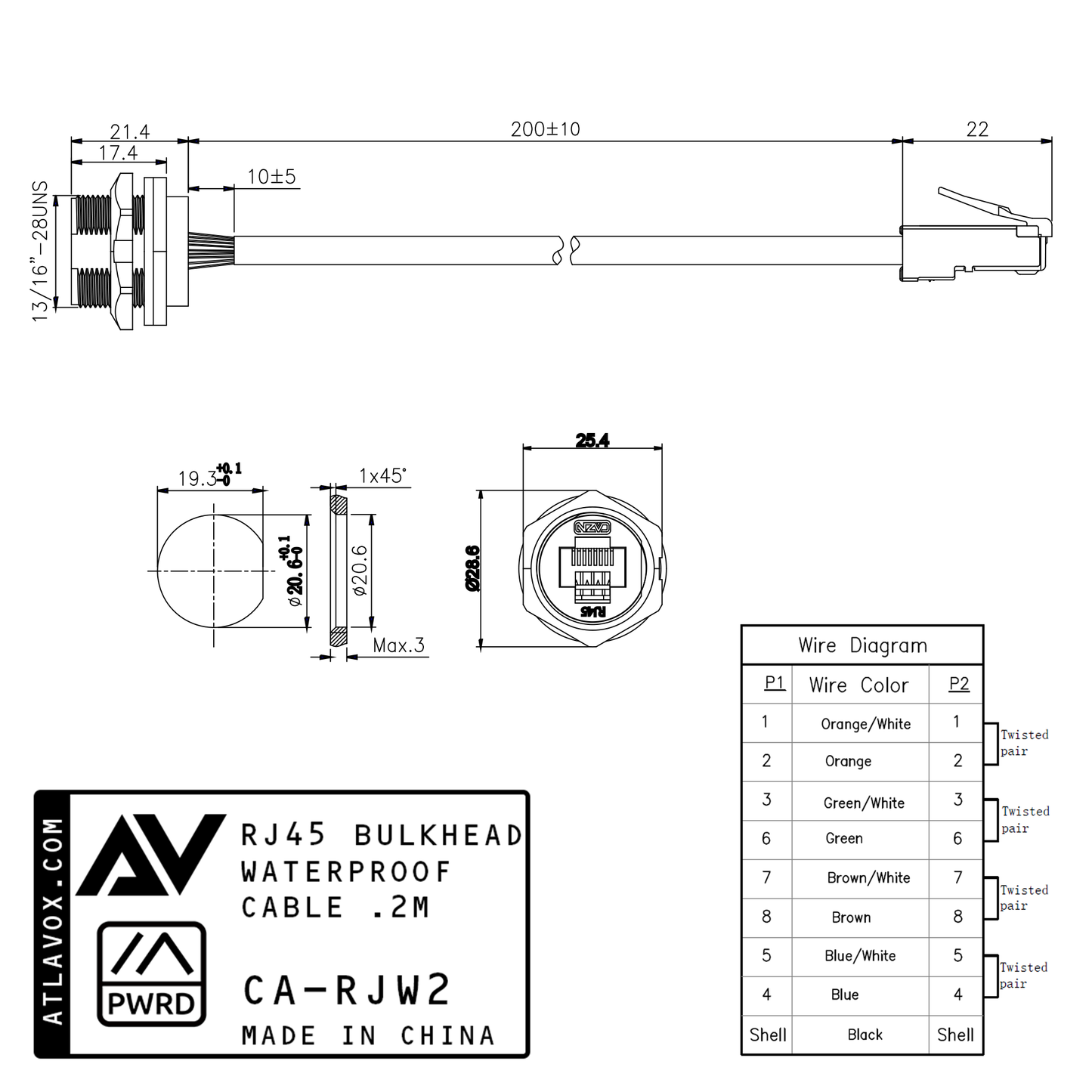 RJ45 Bulkhead Waterproof Cable 20CM