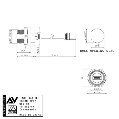 USB-C Waterproof Bulkhead Extension Ribbon Cable, 100mm