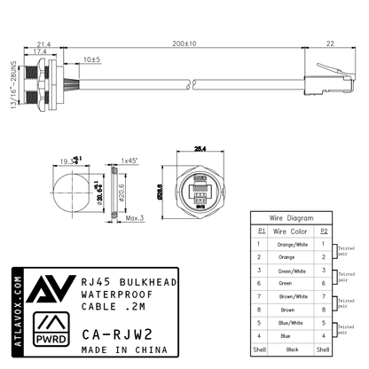 RJ45 Bulkhead Waterproof Cable 20CM